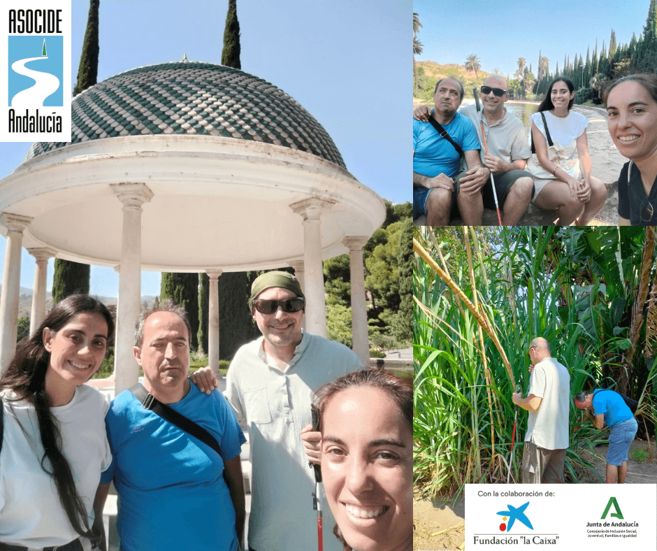 A la derecha aparece una foto del grupo, delante de una especie de cúpula. A la Izquierda en la parte superior una foto del grupo sentados delante de un lago y en la parte inferior una foto de las personas sordociegas tocando una plantas.