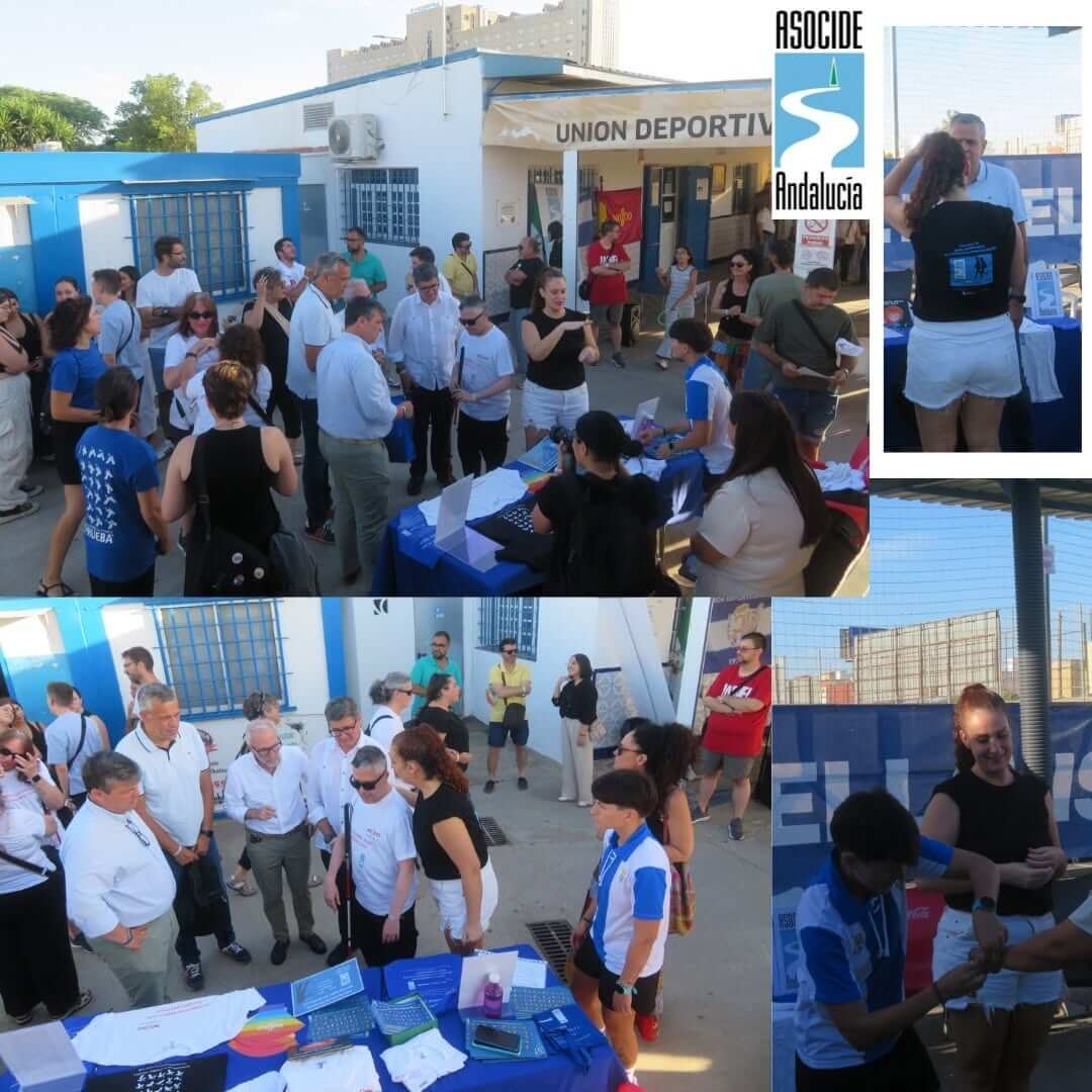 Fotos tomadas durante el partido benéfico. Se ve a personas sordociegas charlando y a participantes.