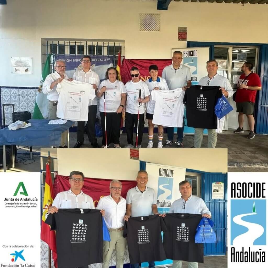 Collage formado por dos fotografías tomadas durante la Jornada de Sensibilización sobre la Sordoceguera celebrada en el U.D. Bellavista (Sevilla). En la imagen superior, representantes institucionales, miembros de ASOCIDE Andalucía y varias personas sordociegas, algunas con bastón rojo y blanco, posan mostrando camisetas blancas con mensajes de sensibilización. En la imagen inferior, varios representantes sostienen camisetas negras con el alfabeto dactilológico. A la derecha aparece el logotipo de ASOCIDE Andalucía y, en la parte inferior izquierda, los logotipos de la Junta de Andalucía y de la Fundación "la Caixa", entidades colaboradoras.