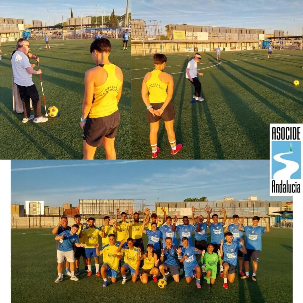 Montaje de imagenees del partido de fútbol, en la parte superior aparecen dos fotos de Cristina de espalda y en la foto inferior aparece una foto de los dos equipos participantes
